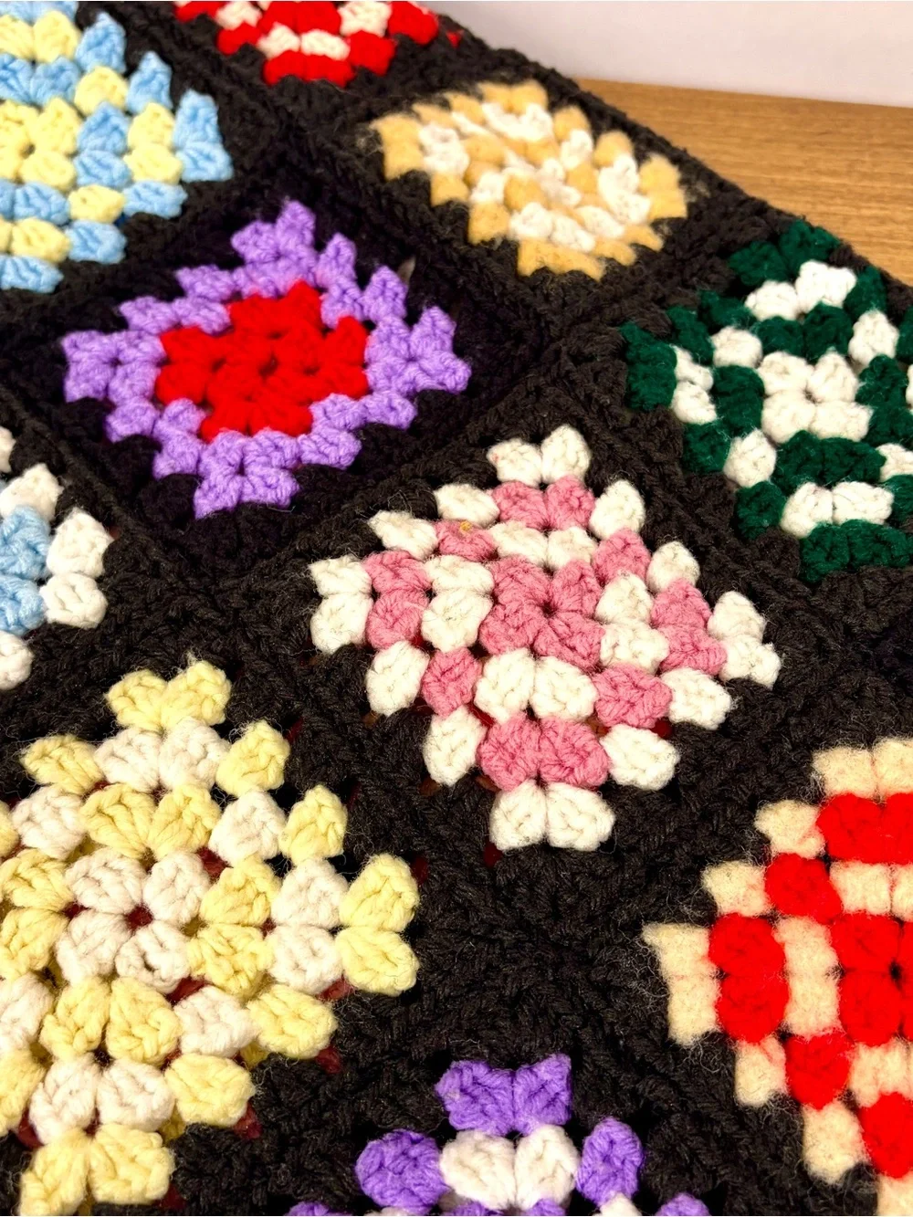 Vintage Black Colorful Granny Square Blanket